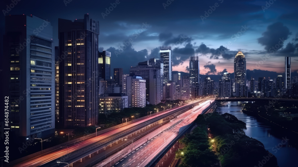 Metropolis in twilight, highway with car trails along river and skyscrapers