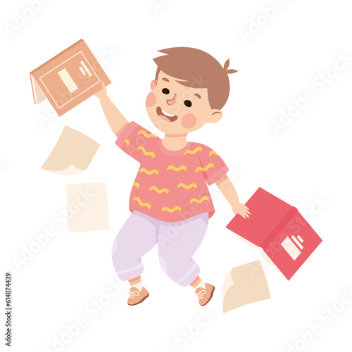 Little Boy Tearing Books Having Bad Behavior Vector Illustration