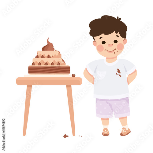Little Boy Eating Cake Having Bad Behavior Vector Illustration