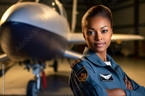 Military fighter jet woman pilot portrait, African American. Generative AI