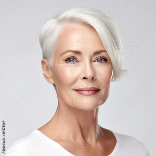 Illustration  AI generation  Senior beautiful blond woman with perfect skin. Cosmetology.