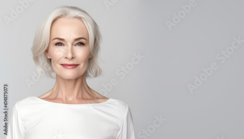 Illustration, AI generation, Senior beautiful blond woman with perfect skin. Cosmetology.