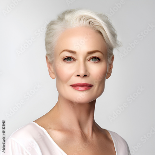 Illustration  AI generation  Senior beautiful blond woman with perfect skin. Cosmetology.