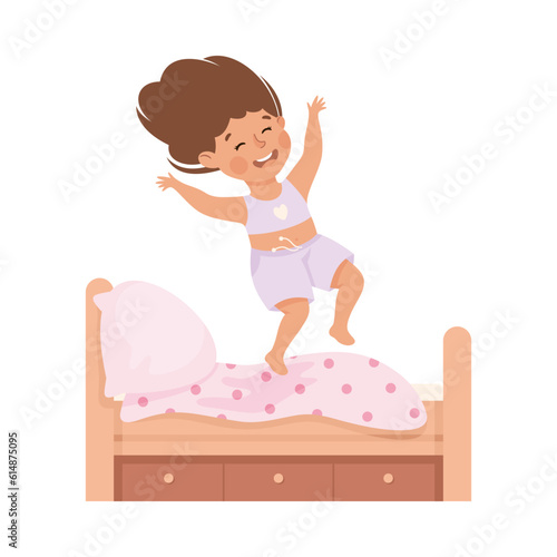 Little Girl Jumping on Her Bed Having Bad Behavior Vector Illustration