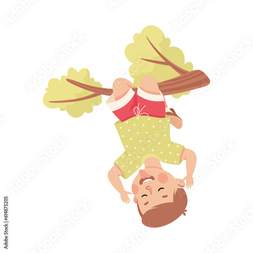 Little Boy Hanging on Tree Branch and Show Grimace Having Bad Behavior Vector Illustration