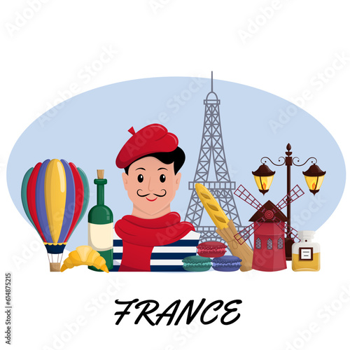 Travel to Paris. Symbols of the city, landmarks and food. France design elements. Vector flat illustration. 