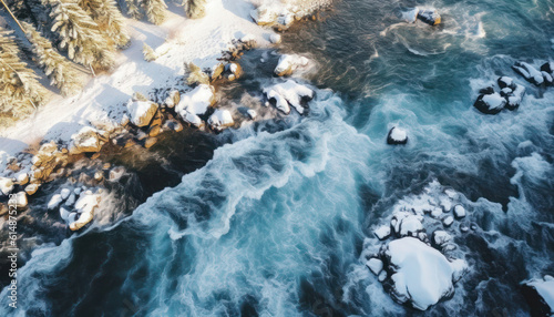 Arctic Waves and Foamy Sea on Icy Coastal Waters Aerial  Top View Drone Shot © Kunwariri
