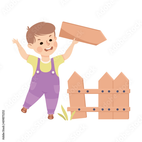 Little Boy Destroy Fence Having Bad Behavior Vector Illustration