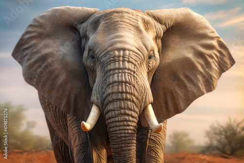 AFRICAN ELEPHANT FROM THE FRONT. AI ILLUSTRATION. COLOR. HORIZONTAL. 