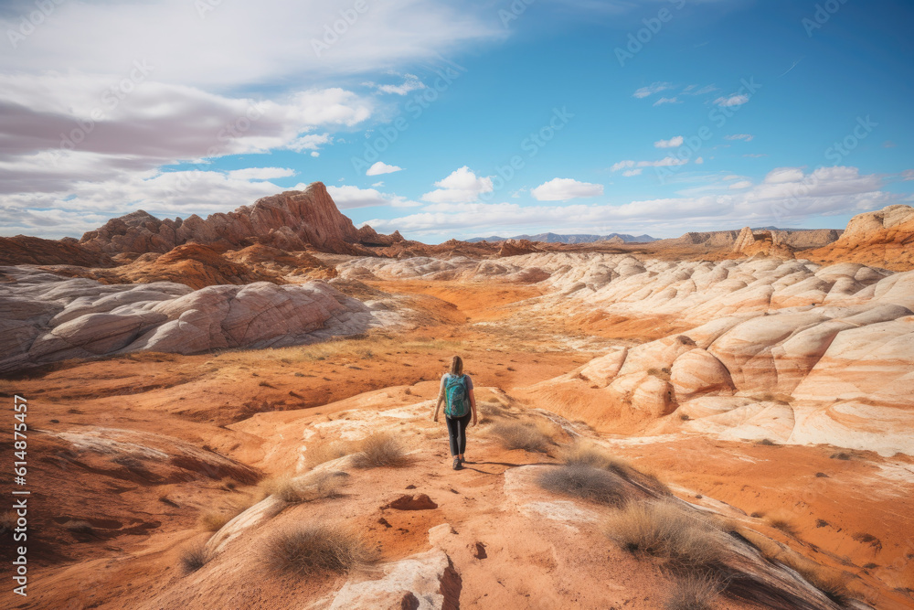 Female hiker in a colorful sandstone mountain landscape at sunset Female hiker in a colorful sandstone mountain landscape at sunset