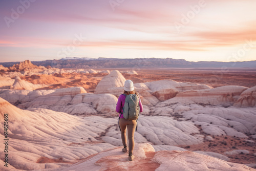 Female hiker in a colorful sandstone mountain landscape at sunset photo