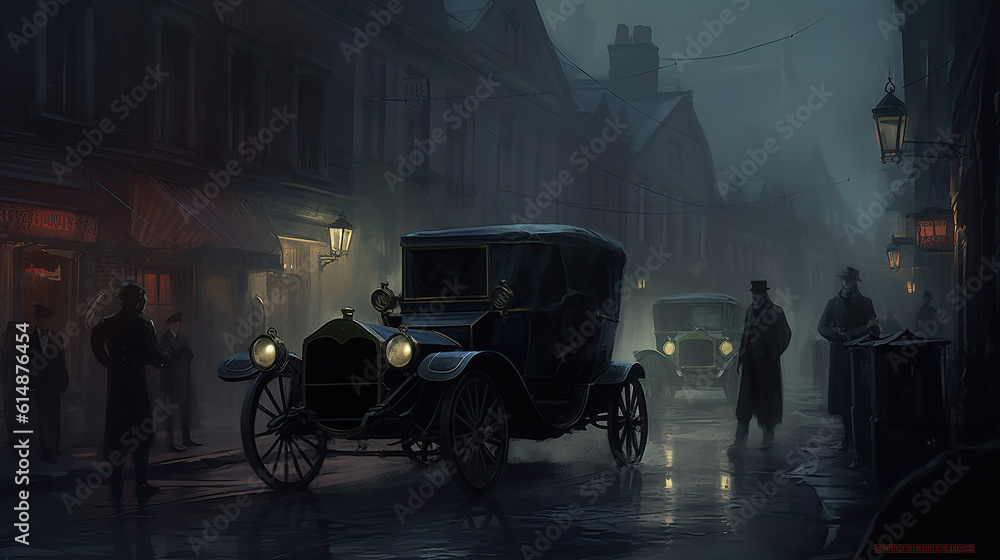 Obraz premium a sad illustration of an oldtimer car in night, concept artwork, ai generated image