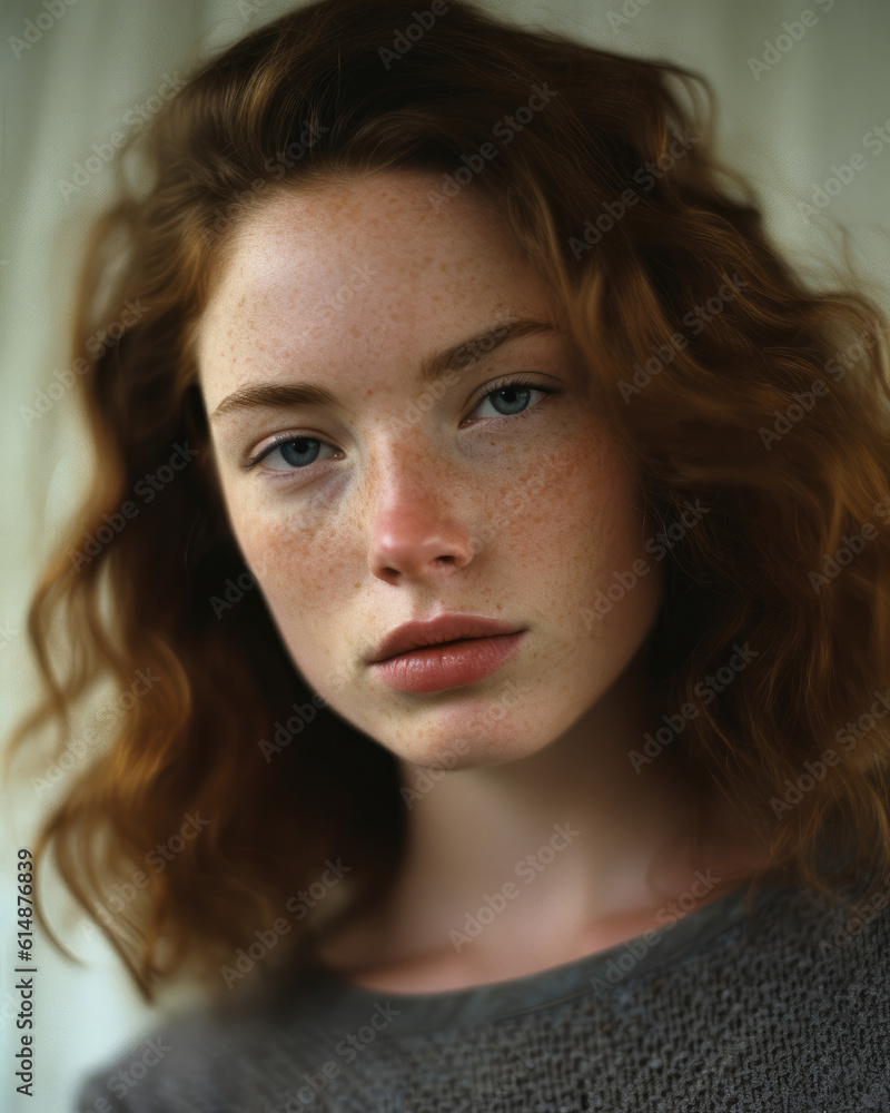 Close-up portrait of a beautiful woman with curly brown and reddish hair Close-up portrait of a beautiful woman with curly brown and reddish hair