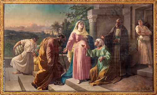 NAPLES, ITALY - APRIL 21, 2023: The painting of Visitation in the church Chiesa dei Santi Severino e Sossio by Federico Maldarelli (1889).