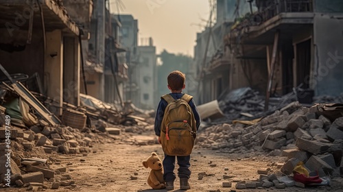 young boy walking on street of destroyed city, idea for children rights support, war victim, Generative Ai