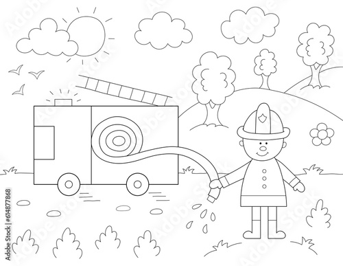 Tableau sur toile fire truck and firefighter, simple coloring page for kids that you can print on 8