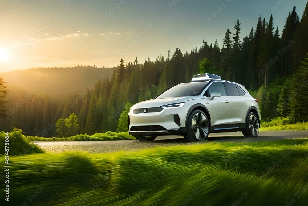 A futuristic self-driving car navigating a lush green forest with sunbeams filtering through the trees (1)