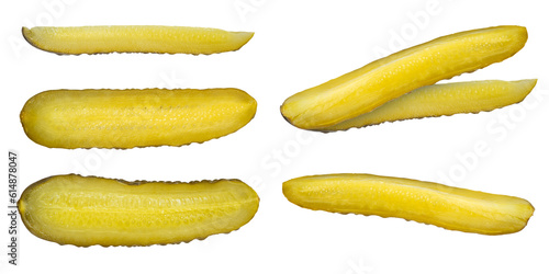 Fotografía A set of slices of pickles on a white isolated background
