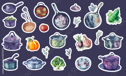 A drawing of a variety of kitchen appliances and vegetables in watercolor art