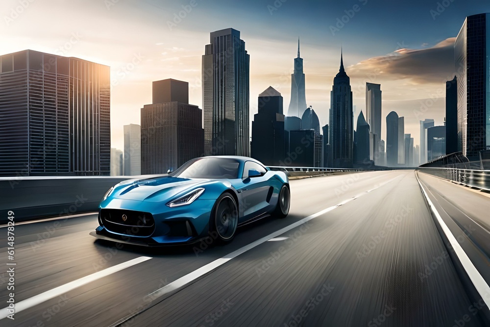 A high-performance sports car drifting on a race track surrounded by a dynamic cityscape with towering buildings (8)