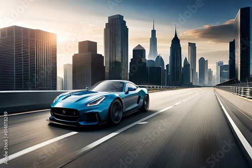 A high-performance sports car drifting on a race track surrounded by a dynamic cityscape with towering buildings  8 