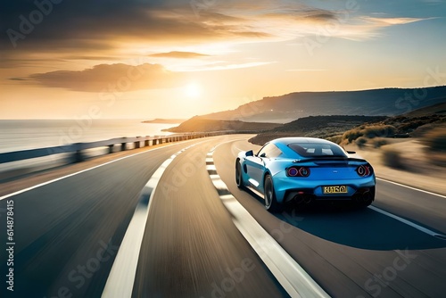 A luxury sports car racing along a scenic coastal road with breathtaking ocean views
