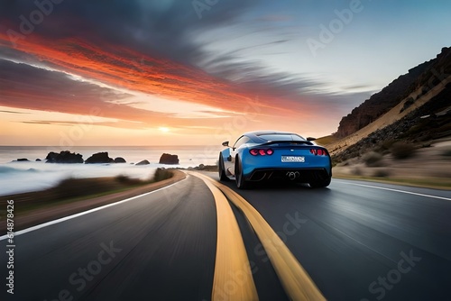 A luxury sports car racing along a scenic coastal road with breathtaking ocean views