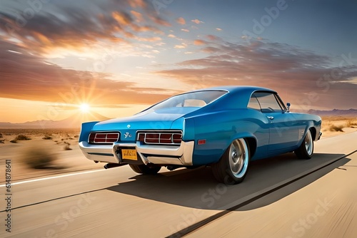 A retro muscle car speeding through a desert landscape with a dramatic sunset sky in the background.