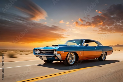 A retro muscle car speeding through a desert landscape with a dramatic sunset sky in the background. © Muhammad