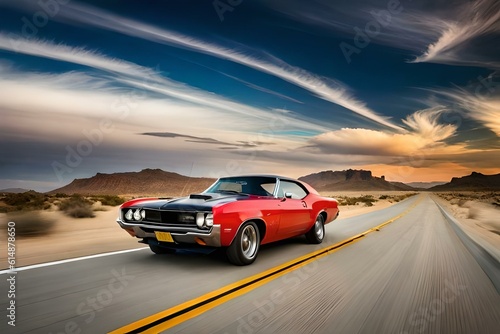 A retro muscle car speeding through a desert landscape with a dramatic sunset sky in the background. © Muhammad