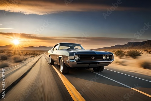 A retro muscle car speeding through a desert landscape with a dramatic sunset sky in the background.