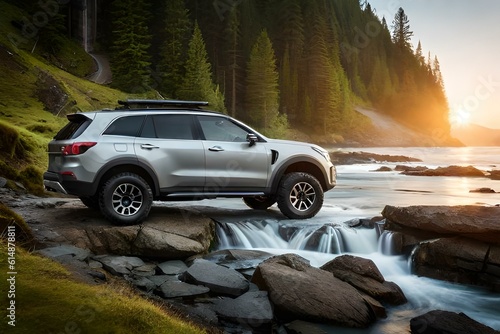 A rugged off-road SUV conquering a rugged terrain with a picturesque waterfall and dense forest in the background.