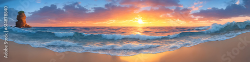 Panorama of a sunset over the ocean with waves crashing on the shore and a lone rock in the water. Seascape illustration with sand beach, cloudy sky and setting sun. Generative AI