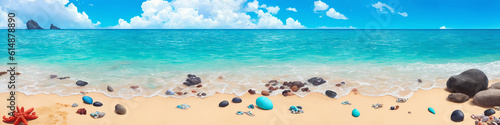 Panorama of ocean beach on a sunny day with many shells and sea stones. Seascape illustration with sand beach, turquoise water and sky with white clouds. Generative AI