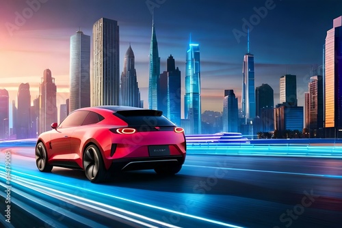 A sleek electric car driving through a futuristic cityscape illuminated by colorful neon lights.