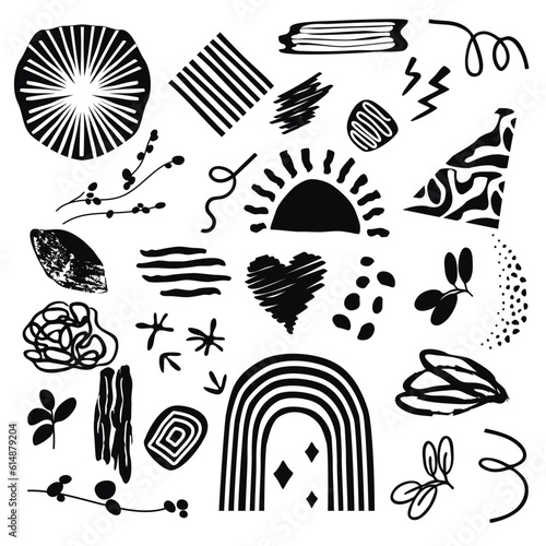Set of abstract doodle elements and textures. Arch, rough lines and stripes, sun, twigs, lightning, dots.Free hand shapes black color isolated on white background.Hand drawn vector illustration.
