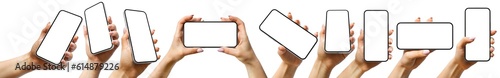 A set including a woman hand holding a generic modern smartphone with a blank screen in various positions, comprising perspective, vertical, and horizontal versions