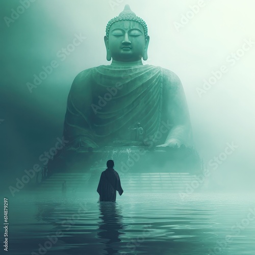A man walks towards a giant Buddha's head, under water, estatue, giant Buddha, mysterious, Illustration of Buddha statue. generetive ai photo