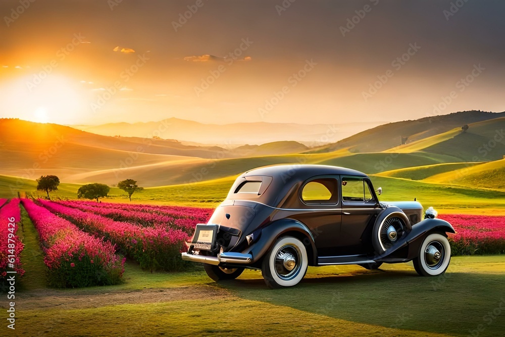 A vintage car parked in a picturesque countryside landscape with rolling hills and vibrant flowers.