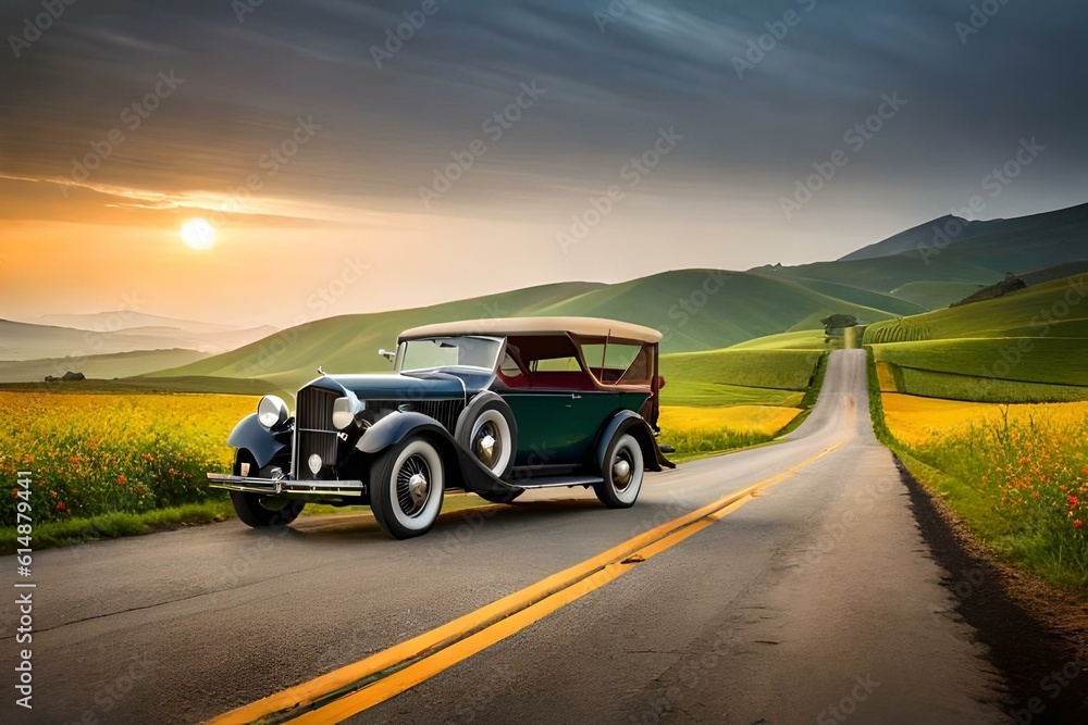 A vintage car parked in a picturesque countryside landscape with rolling hills and vibrant flowers.