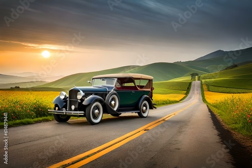 A vintage car parked in a picturesque countryside landscape with rolling hills and vibrant flowers. © Muhammad