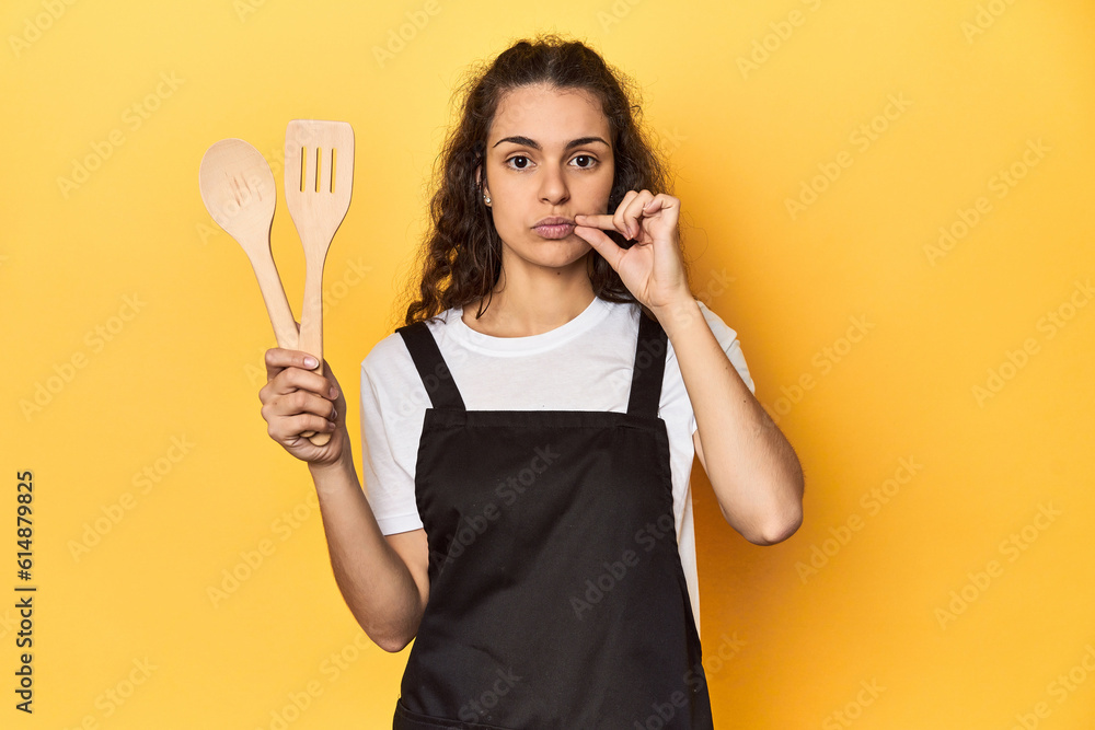 Woman with apron, wooden cooking utensils, yellow, with fingers on lips keeping a secret. Woman with apron, wooden cooking utensils, yellow, with fingers on lips keeping a secret.