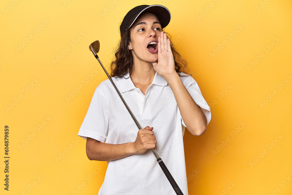 Golfer woman with cap, golf polo, yellow studio, shouting and holding palm near opened mouth. Golfer woman with cap, golf polo, yellow studio, shouting and holding palm near opened mouth.