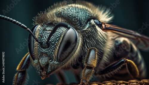 Spiky haired bee stings with precision in extreme close up portrait generated by AI