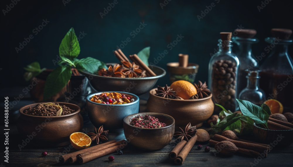 Rustic bowl of fresh organic fruit with scented star anise generated by AI Rustic bowl of fresh organic fruit with scented star anise generated by AI