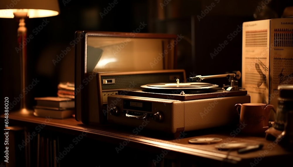 Antique turntable spins nostalgia in dark nightclub, still life elegance generated by AI Antique turntable spins nostalgia in dark nightclub, still life elegance generated by AI