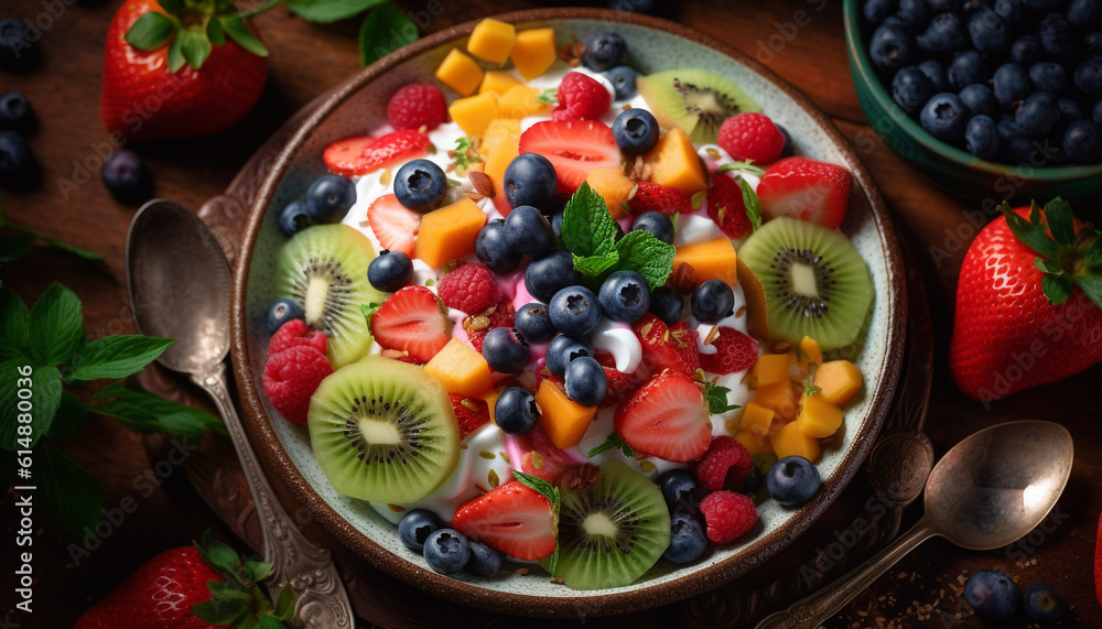 Fresh berry salad with granola, yogurt, and mint leaf garnish generated by AI Fresh berry salad with granola, yogurt, and mint leaf garnish generated by AI