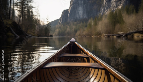 Canoeing in Alberta tranquil waters, surrounded by nature beauty generated by AI