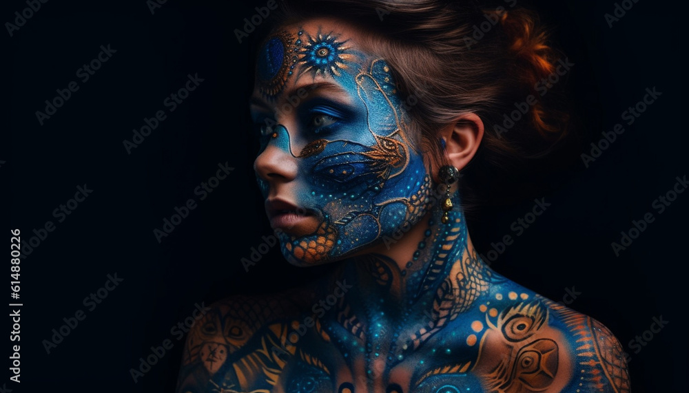 Naklejka premium One woman beauty shines in a dark, creative fantasy world generated by AI