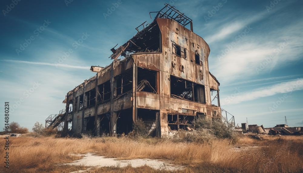 Abandoned building exterior, rusty roof, broken window, spooky ghost town generated by AI